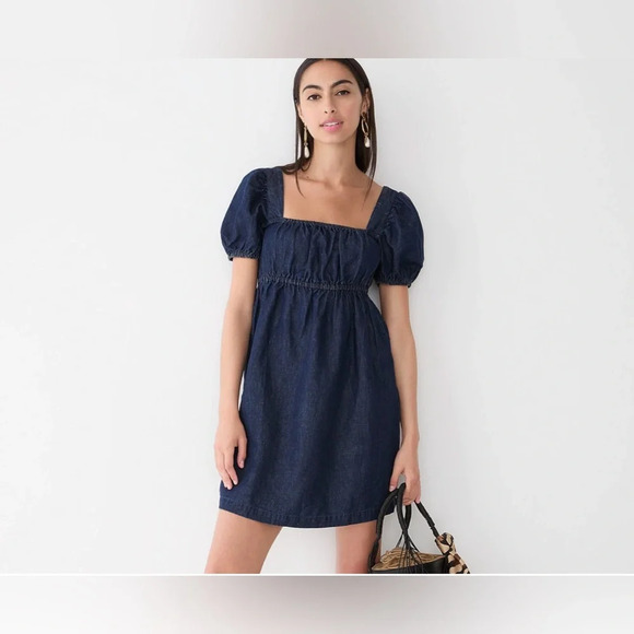 J. Crew NWT Square-neck‎ Puff Sleeve denim chambray mini dress size 8 - Picture 2 of 10